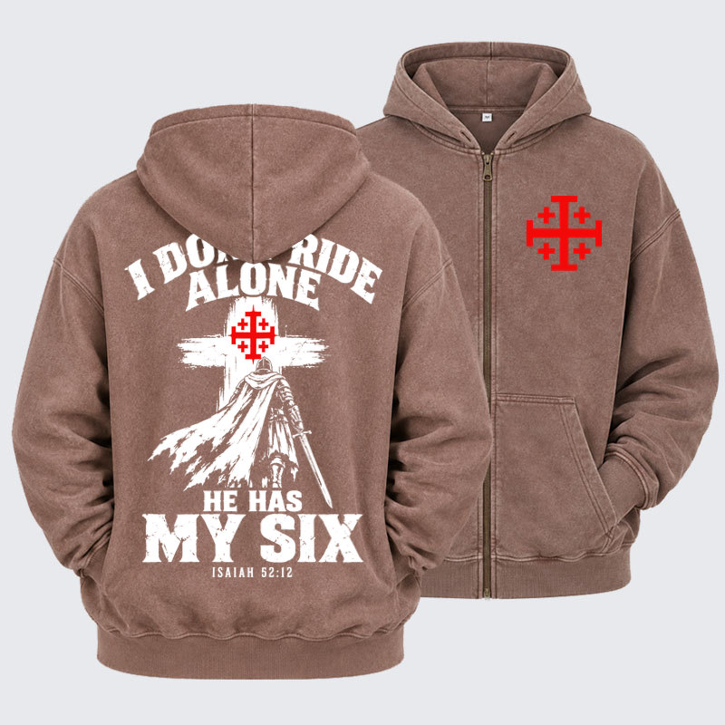 Washed Zip-Up Hoodie – I Don’t Ride Alone – Isaiah 52:12 Christian Warrior