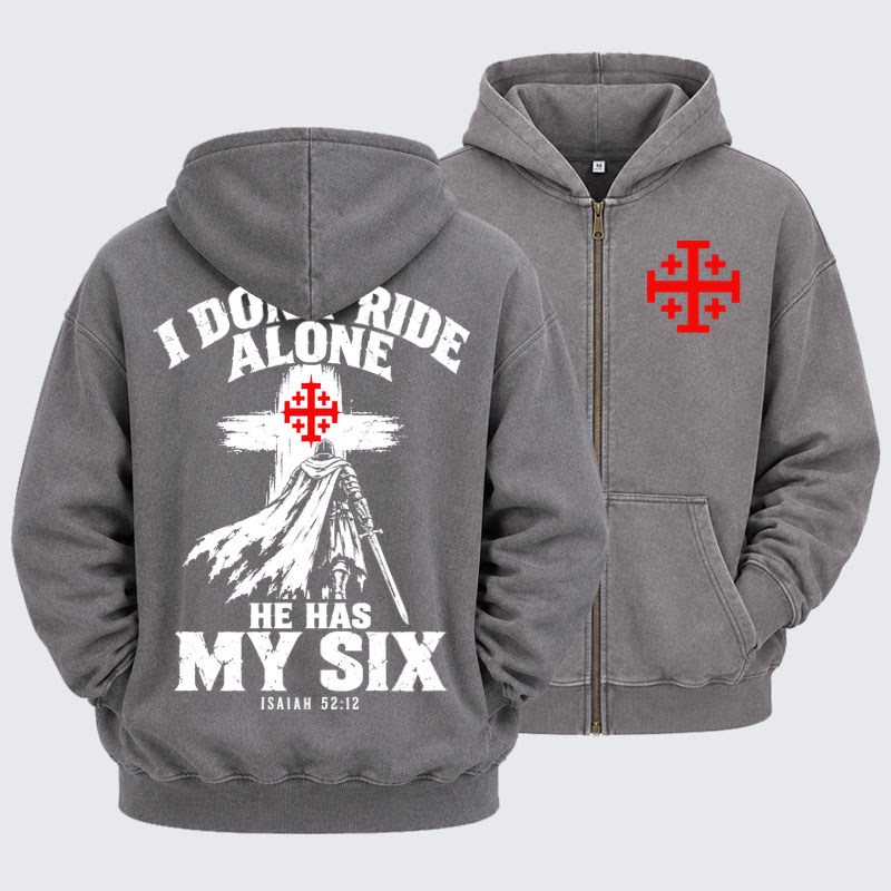 Washed Zip-Up Hoodie – I Don’t Ride Alone – Isaiah 52:12 Christian Warrior