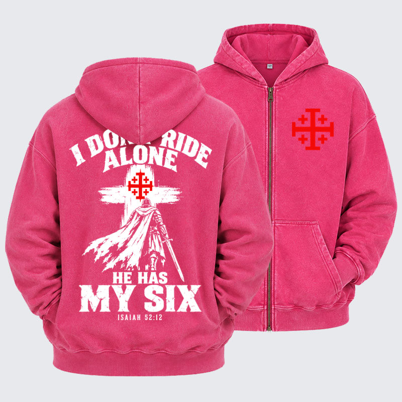 Washed Zip-Up Hoodie – I Don’t Ride Alone – Isaiah 52:12 Christian Warrior