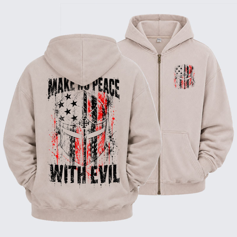Washed Zip-Up Hoodie –Make No Peace With Evil – Christian Warrior Knight