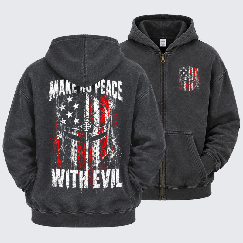 Washed Zip-Up Hoodie –Make No Peace With Evil – Christian Warrior Knight