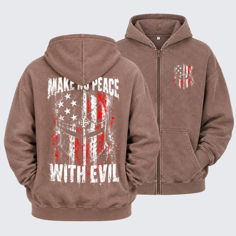 Washed Zip-Up Hoodie –Make No Peace With Evil – Christian Warrior Knight