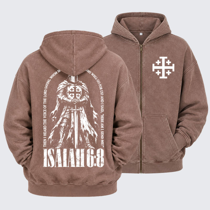 Washed Zip-Up Hoodie – Here I Am Send Me Isaiah 6:8 Christian Warrior