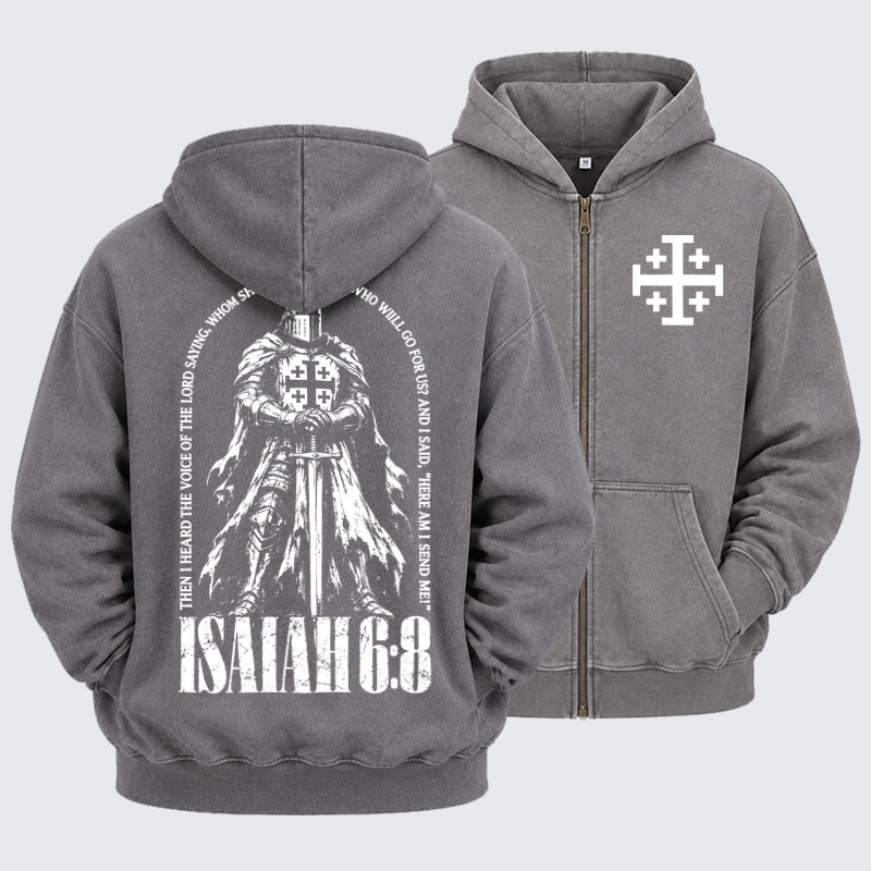 Washed Zip-Up Hoodie – Here I Am Send Me Isaiah 6:8 Christian Warrior