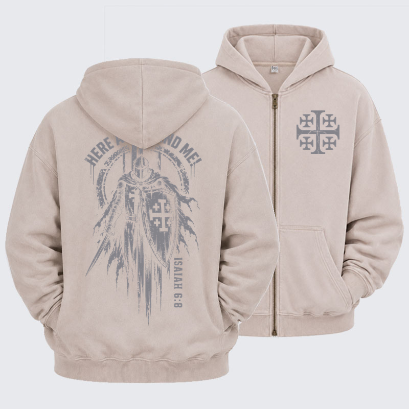 Washed Zip-Up Hoodie – Here Am I, Send Me – Isaiah 6:8 Christian Knight