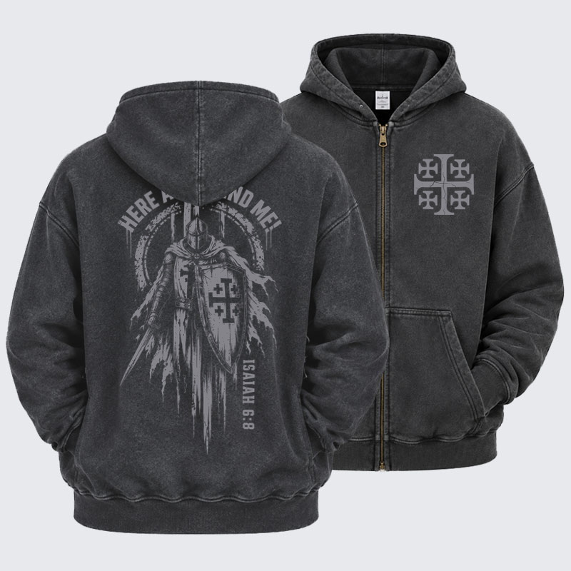 Washed Zip-Up Hoodie – Here Am I, Send Me – Isaiah 6:8 Christian Knight