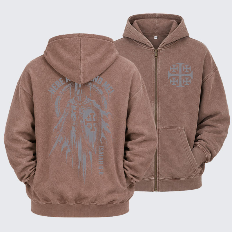 Washed Zip-Up Hoodie – Here Am I, Send Me – Isaiah 6:8 Christian Knight
