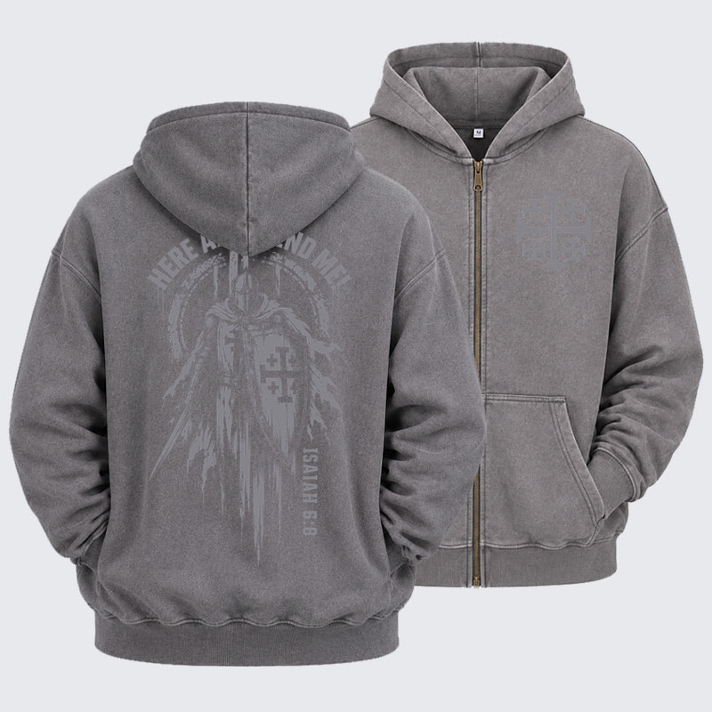 Washed Zip-Up Hoodie – Here Am I, Send Me – Isaiah 6:8 Christian Knight