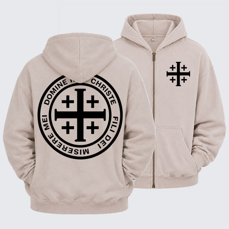 Washed Zip-Up Hoodie – Domine Iesu Christe Jerusalem Cross