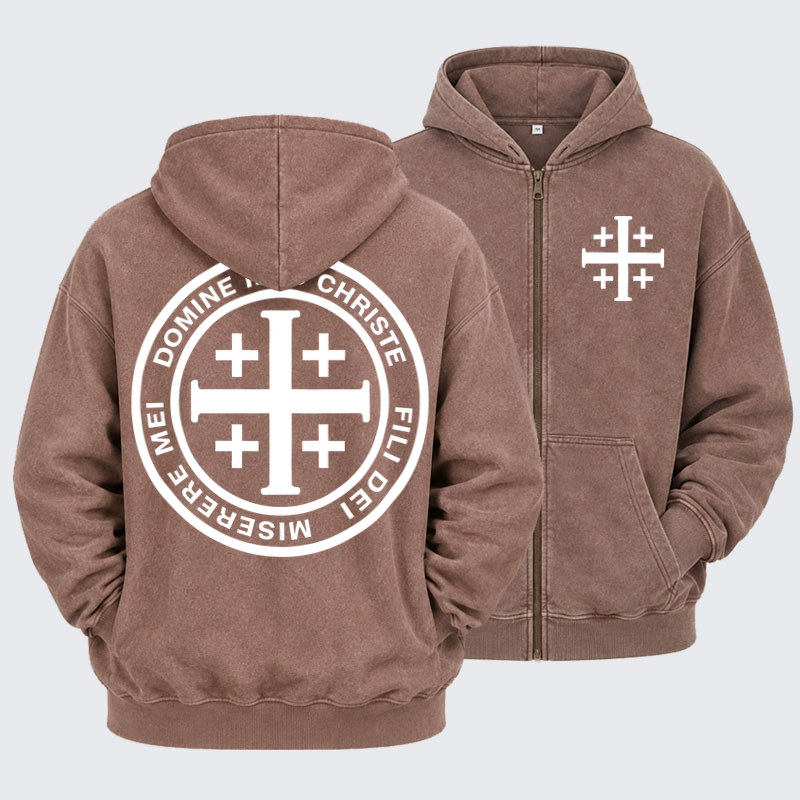 Washed Zip-Up Hoodie – Domine Iesu Christe Jerusalem Cross