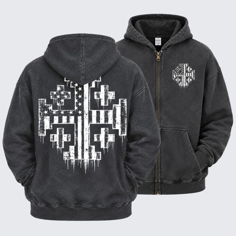 Washed Zip-Up Hoodie  – American Flag Jerusalem Cross – Christian Patriot