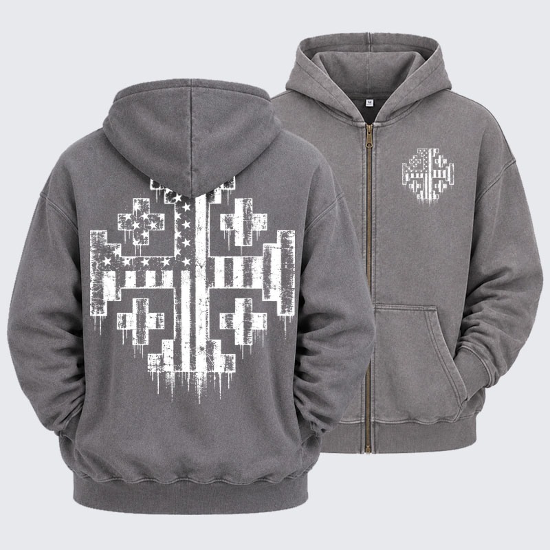 Washed Zip-Up Hoodie  – American Flag Jerusalem Cross – Christian Patriot
