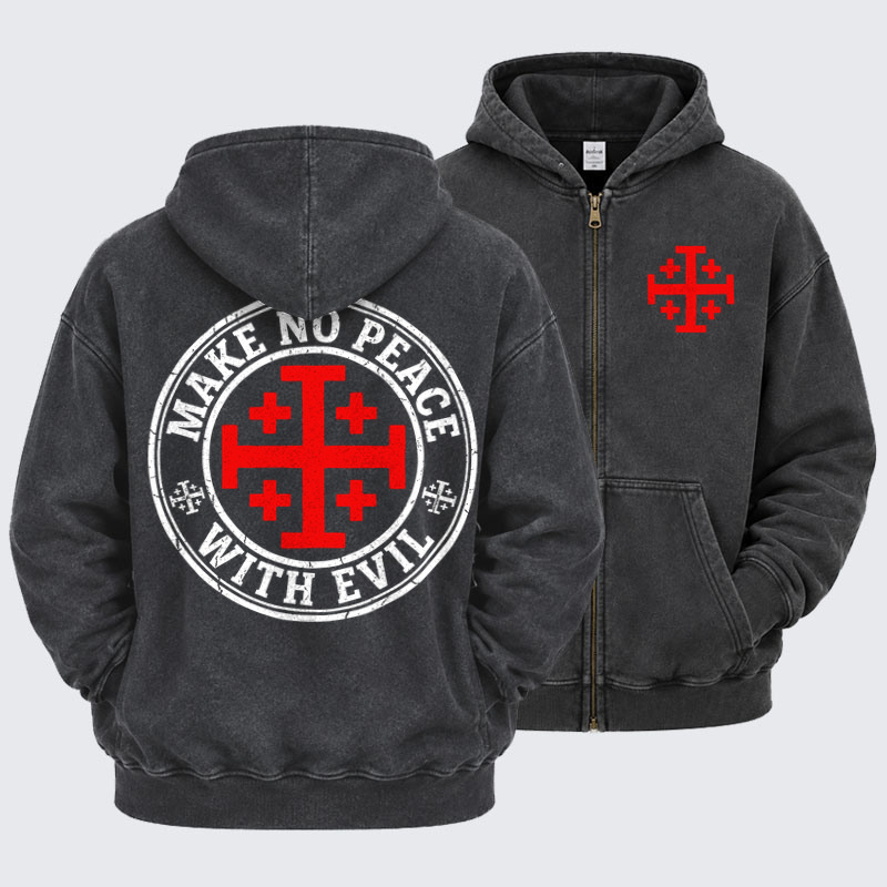 Washed Zip-Up Hoodie - Make No Peace with Evil Knight Templar Jerusalem Cross