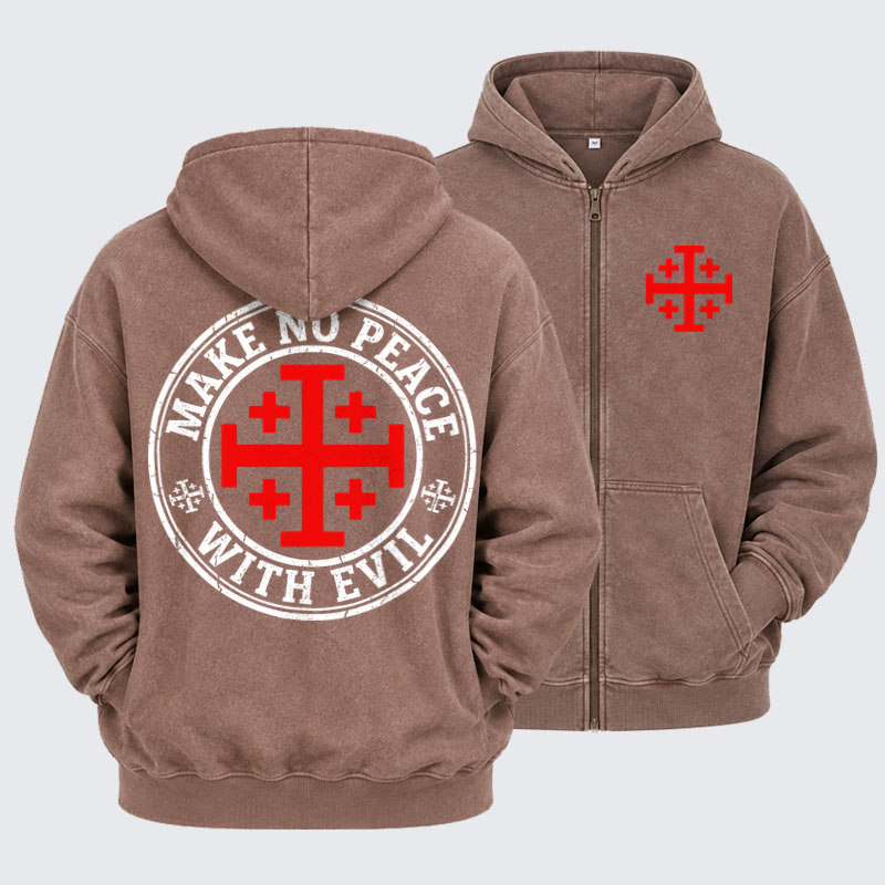 Washed Zip-Up Hoodie - Make No Peace with Evil Knight Templar Jerusalem Cross