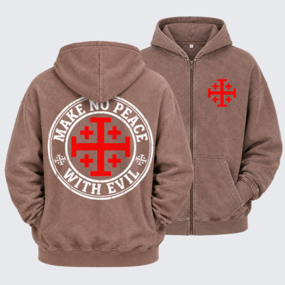 Washed Zip-Up Hoodie - Make No Peace with Evil Knight Templar Jerusalem Cross
