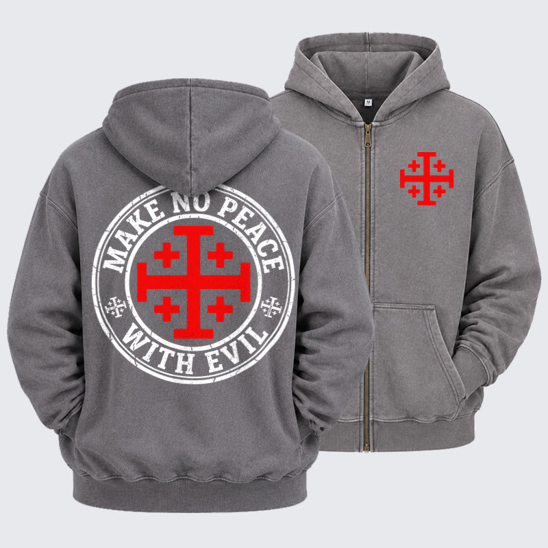 Washed Zip-Up Hoodie - Make No Peace with Evil Knight Templar Jerusalem Cross