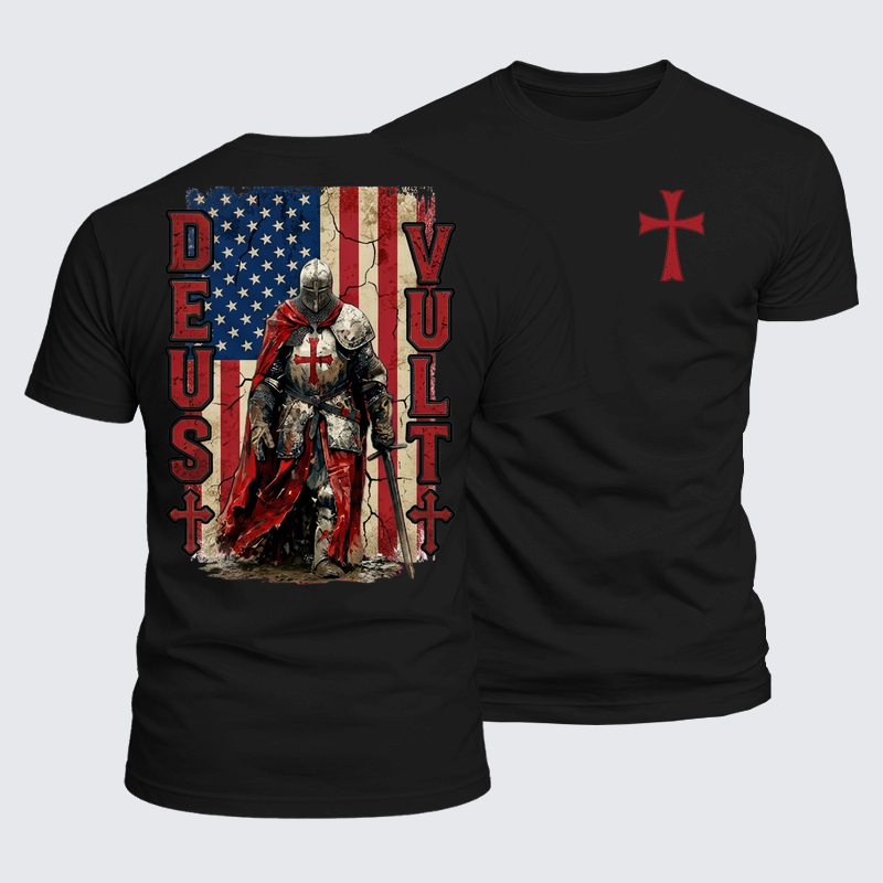 Luxe Mercerized Cotton Tee - Deus Vult Knight Templar American Flag Crusader