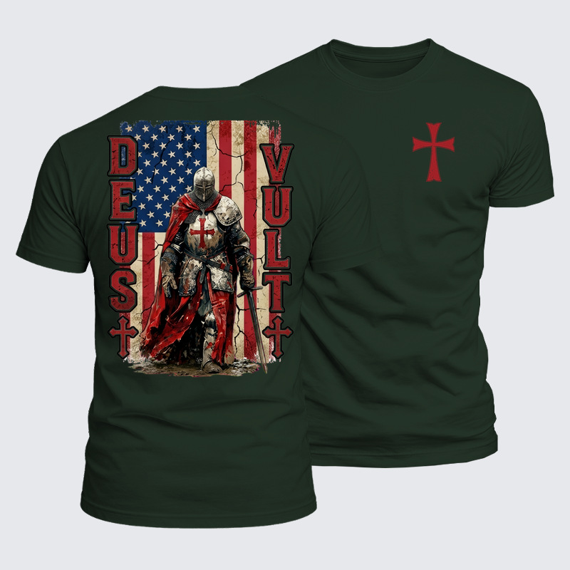 Luxe Mercerized Cotton Tee - Deus Vult Knight Templar American Flag Crusader