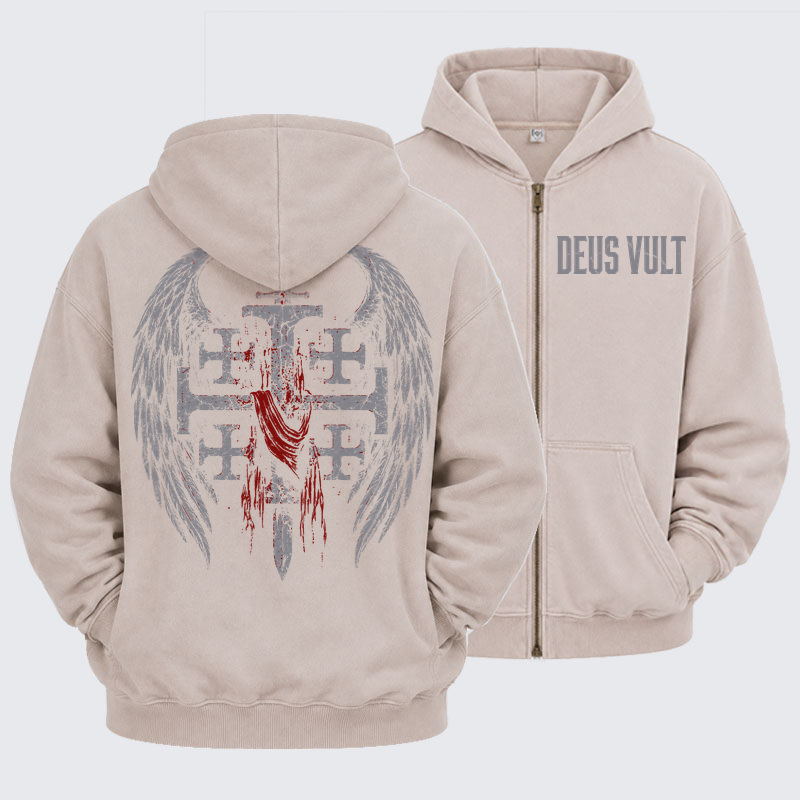 Washed Zip-Up Hoodie -Deus Vult: God Wills It