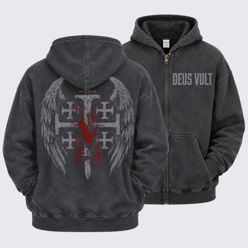 Washed Zip-Up Hoodie -Deus Vult: God Wills It