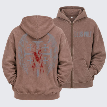 Washed Zip-Up Hoodie -Deus Vult: God Wills It