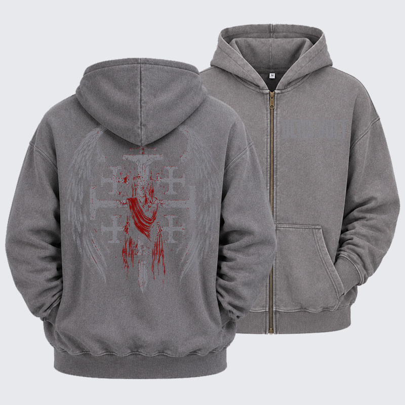 ECG Cross Jesus God Christian Washed Zip-Up Hoodie-soulsbelief
