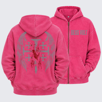Washed Zip-Up Hoodie -Deus Vult: God Wills It