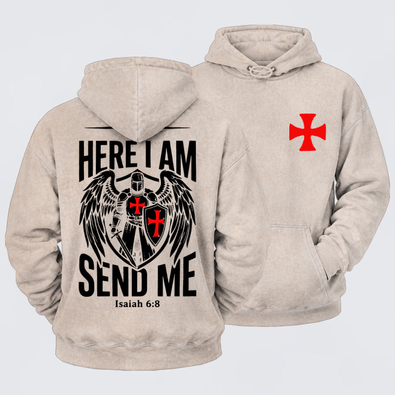 Washed Hoodie   - Here I Am Send Me Knight Templar Crusader