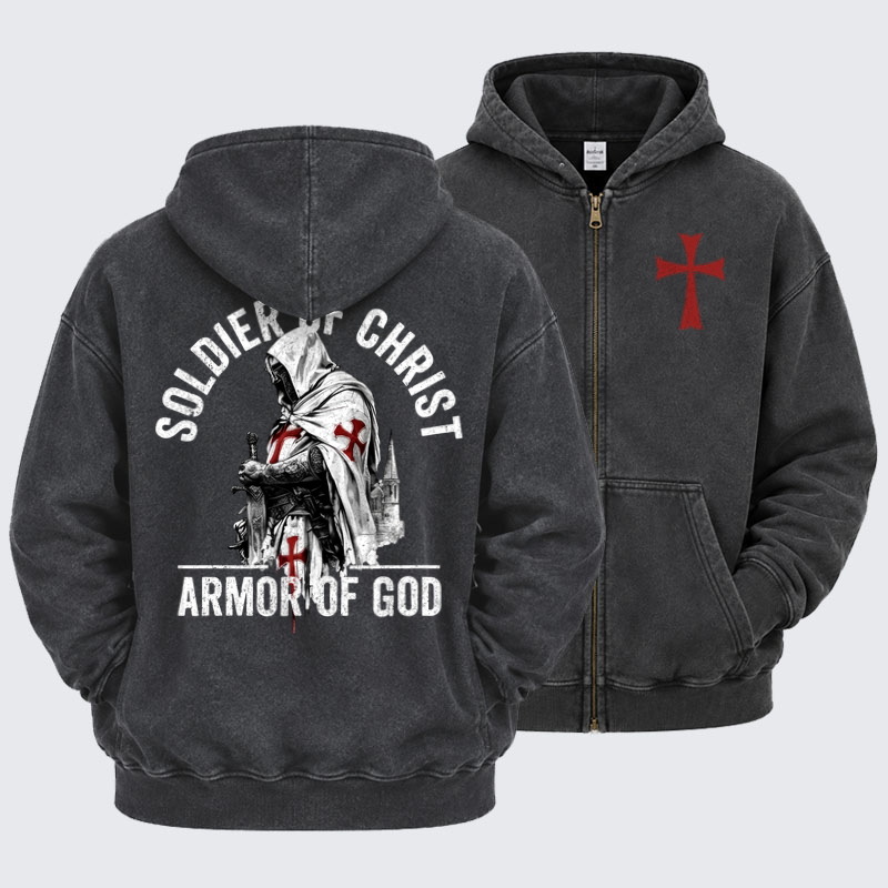 Washed Zip-Up Hoodie - Soldier of Christ Armor Of God Crusader Spirit
