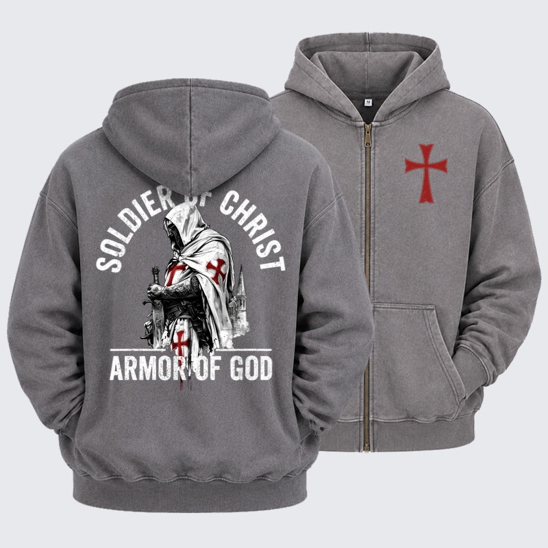 Washed Zip-Up Hoodie - Soldier of Christ Armor Of God Crusader Spirit