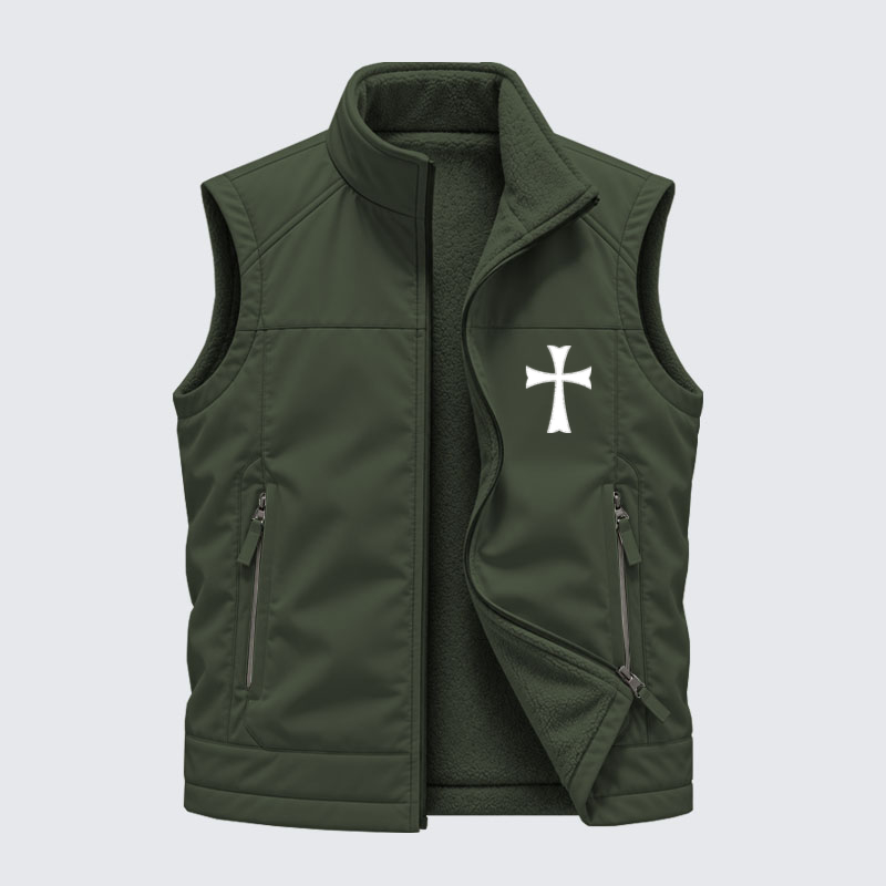 Reversible Fleece-Lined Outdoor Vest - Knights Templar Crusader Cross   