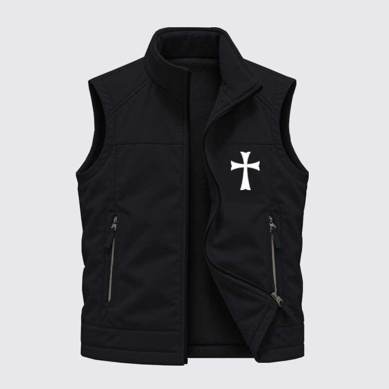 Reversible Fleece-Lined Outdoor Vest - Knights Templar Crusader Cross   