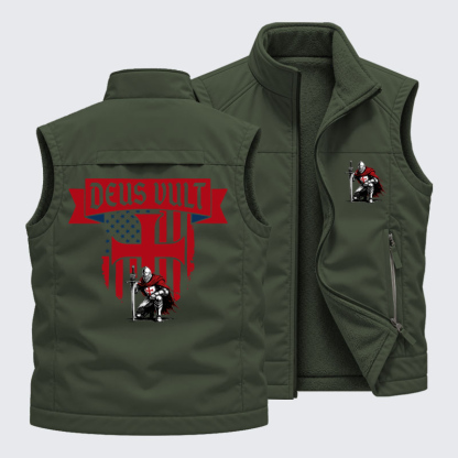 Reversible Fleece-Lined Outdoor Vest -Templar Knight Crusader Deus Vult