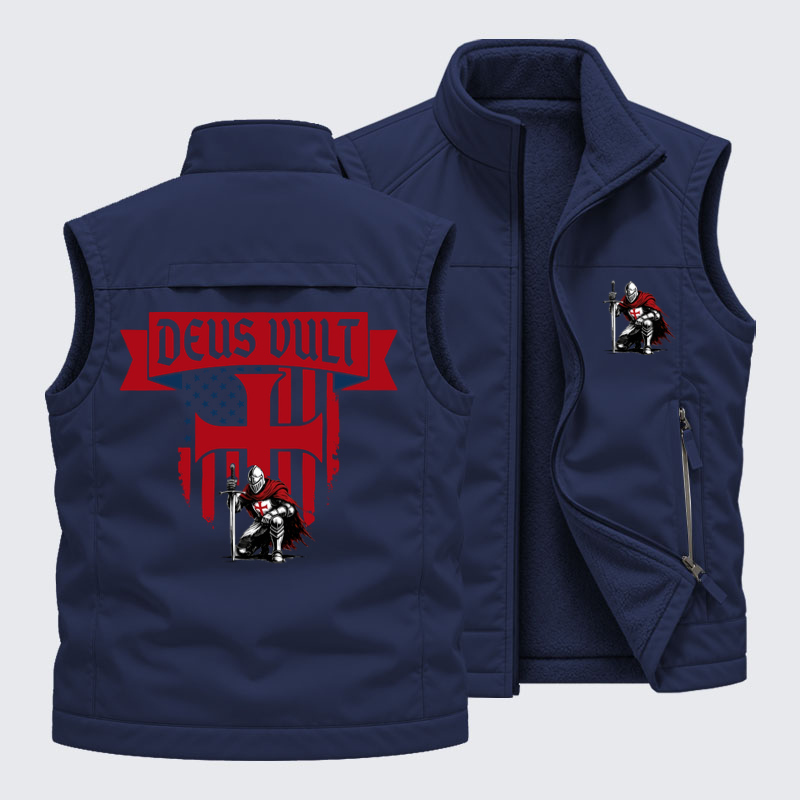 Reversible Fleece-Lined Outdoor Vest -Templar Knight Crusader Deus Vult