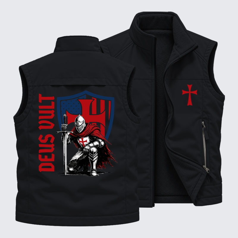 Reversible Fleece-Lined Outdoor Vest -Templar Knight Crusader Deus Vult