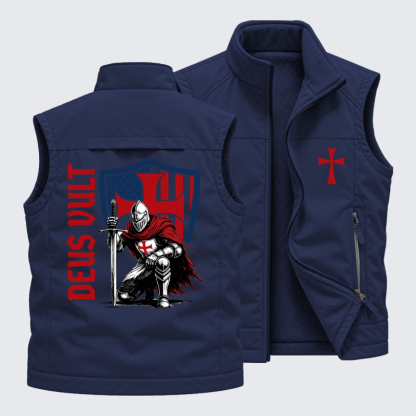Reversible Fleece-Lined Outdoor Vest -Templar Knight Crusader Deus Vult