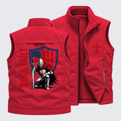 Reversible Fleece-Lined Outdoor Vest -Templar Knight Crusader Deus Vult