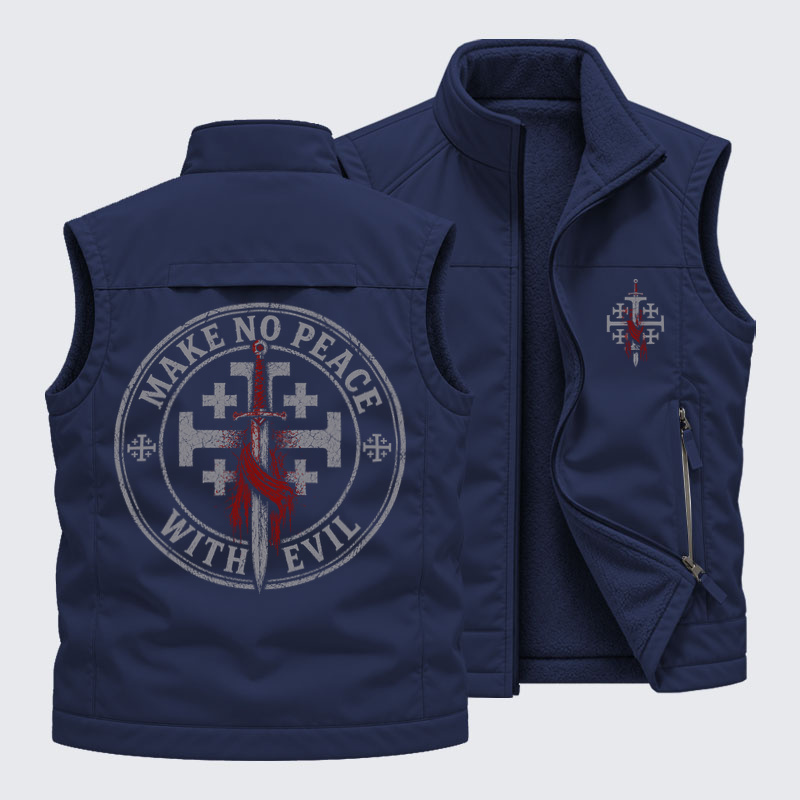 Reversible Fleece-Lined Outdoor Vest -Make No Peace with Evil Knight Templar Jerusalem Cross