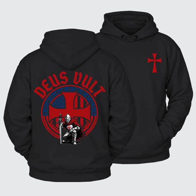 Plush Fleece-Lined Hoodie - Templar Knight Crusader Deus Vult