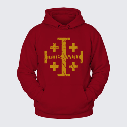 Plush Fleece-Lined Hoodie - Deus Vult + Jerusalem Cross