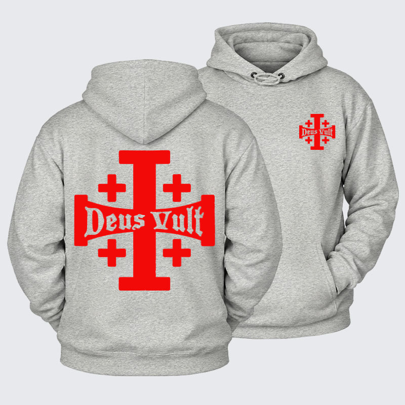 Plush Fleece-Lined Hoodie - Jerusalem Cross Deus Vult   