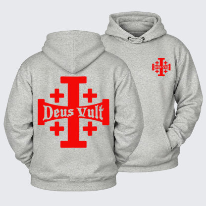 Plush Fleece-Lined Hoodie - Jerusalem Cross Deus Vult   