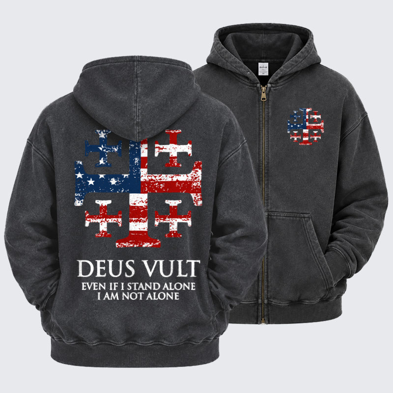 Washed Zip-Up Hoodie - Deus Vult Jerusalem Cross Usa Flag Even If I Stand Alone, I Am Not Alone
