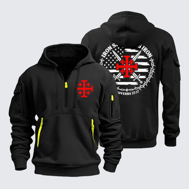 Zipper Hoodies Ave Christus Rex – Iron Sharpens Iron – Jerusalem Cross & American Flag