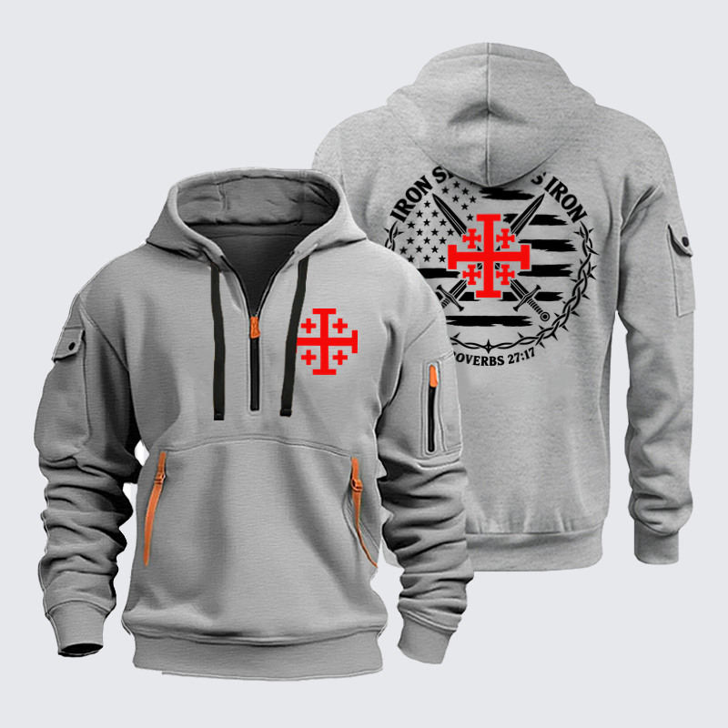 Zipper Hoodies Ave Christus Rex – Iron Sharpens Iron – Jerusalem Cross & American Flag