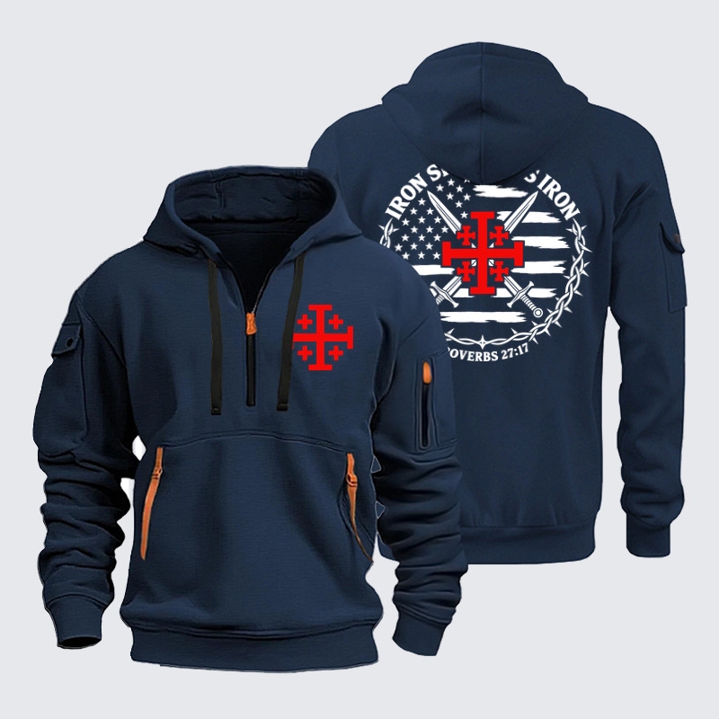 Zipper Hoodies Ave Christus Rex – Iron Sharpens Iron – Jerusalem Cross & American Flag