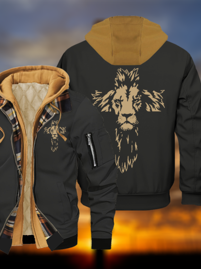 Lion Cross Jesus God Christian Warm Hooded Bomber Jacket