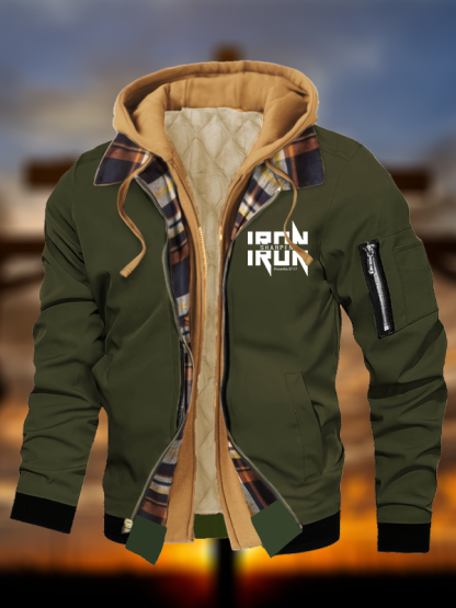 IRON SHARPENS IRON Proverbs 27:17 Jesus God Christian Warm Hooded Bomber Jacket