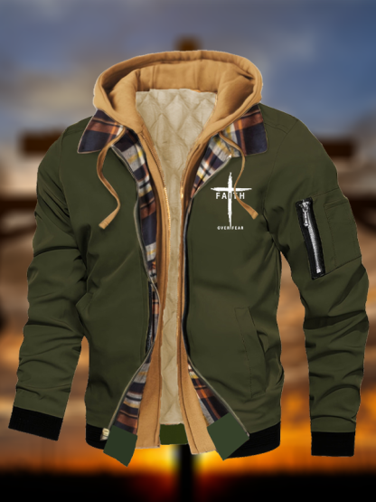 Faith Over Fear Cross Jesus God Christian Warm Hooded Bomber Jacket