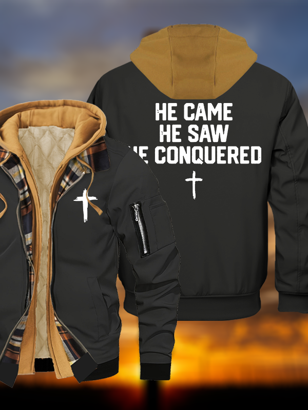 He Came He Saw He Conquered Jesus God Christian Warm Hooded Bomber Jacket